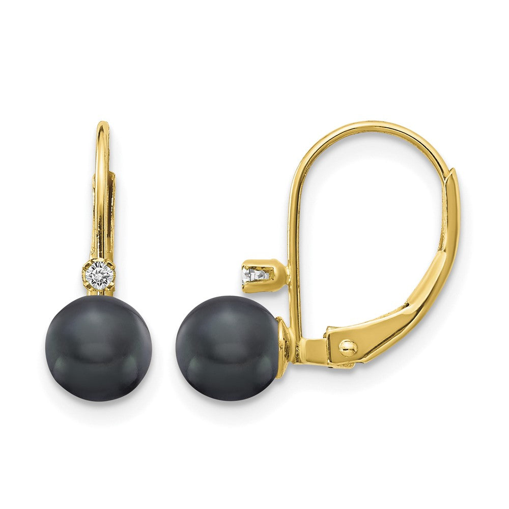 14k 5-6mm Black FW Cultured Pearl AA Diamond Leverback Earrings