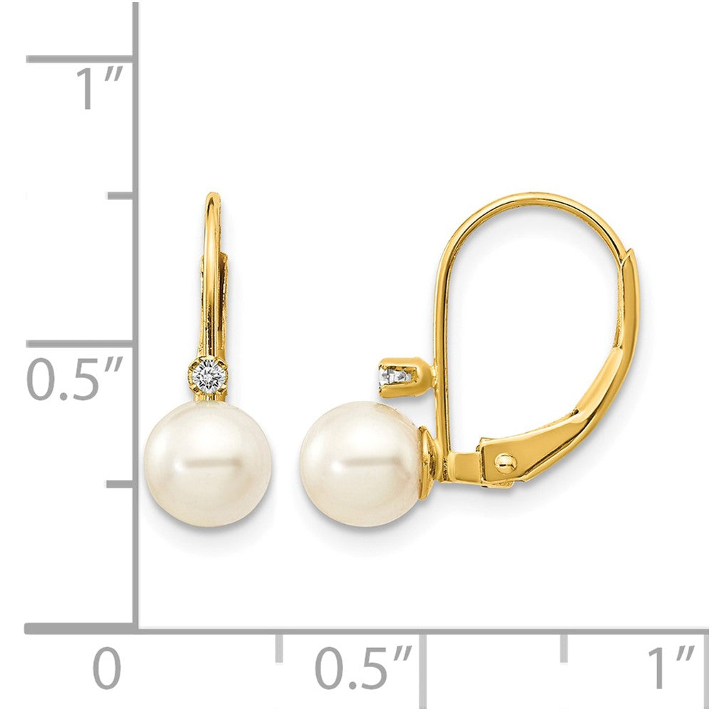14k 5-6mm White Round FW Cultured Pearl AA Diamond Leverback Earrings