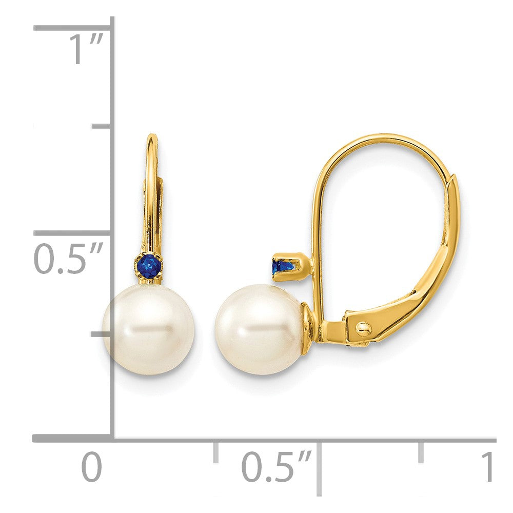 14k 5-5.5mm White Round FW Cultured Pearl Sapphire Leverback Earrings