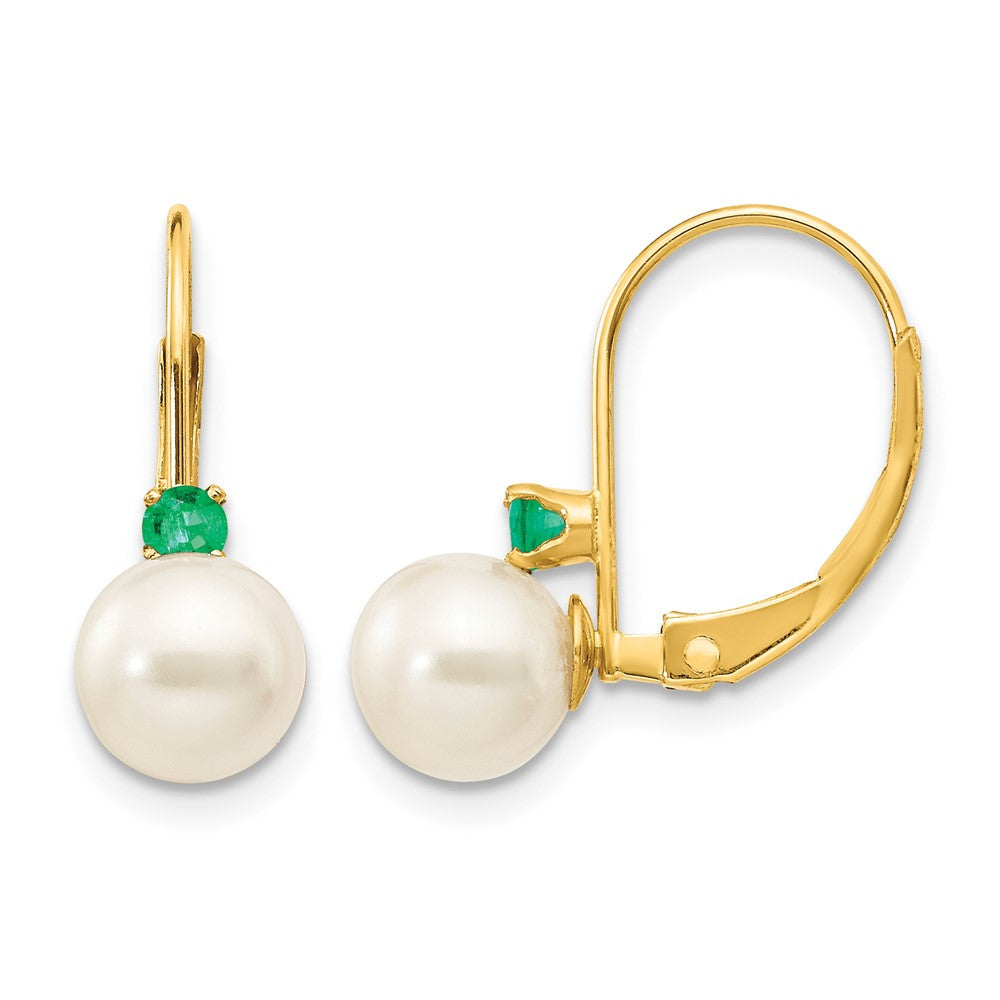 14k 6-6.5mm White Round FW Cultured Pearl Emerald Leverback Earrings