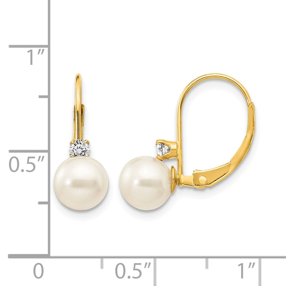 14k 6-7mm White Round FW Cultured Pearl AA Diamond Leverback Earrings