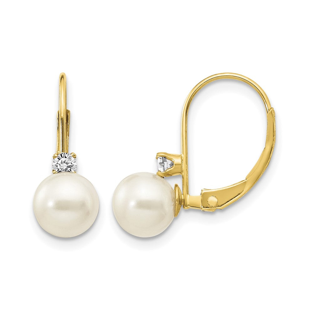 14k 6-7mm White Round FW Cultured Pearl AA Diamond Leverback Earrings