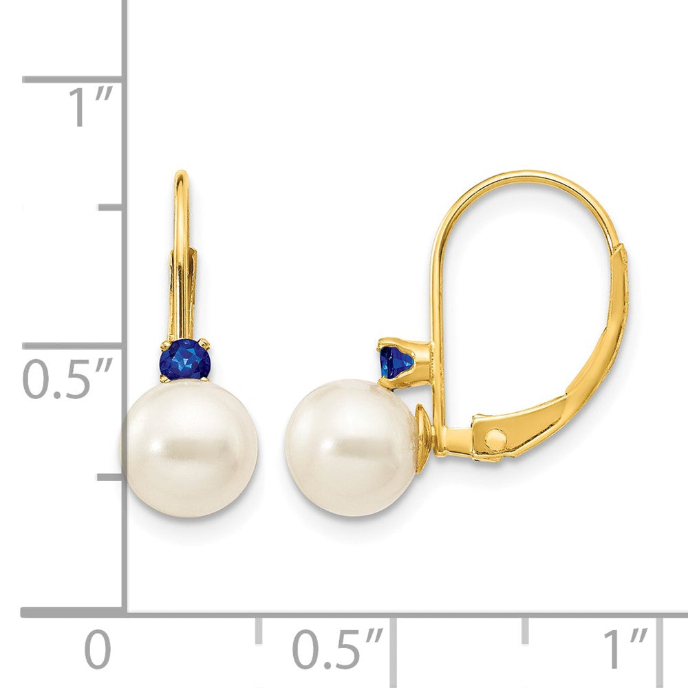 14k 6-6.5mm White Round FW Cultured Pearl Sapphire Leverback Earrings
