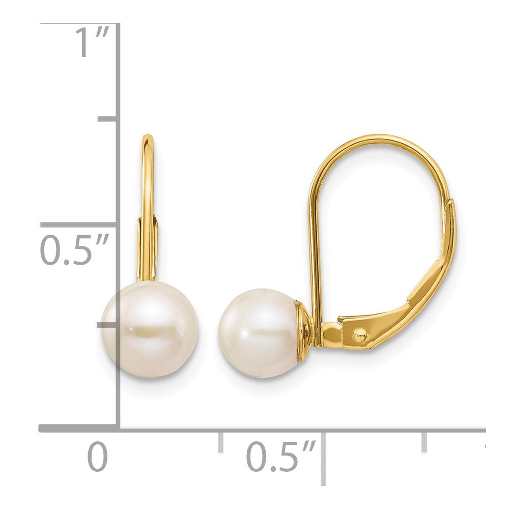 14K 6-7mm White Round Freshwater Cultured Pearl Leverback Earrings