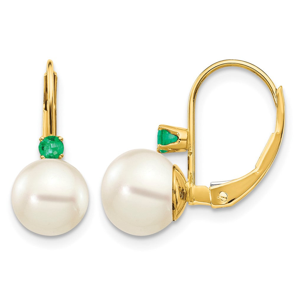 14k 7-7.5mm White Round FW Cultured Pearl Emerald Leverback Earrings