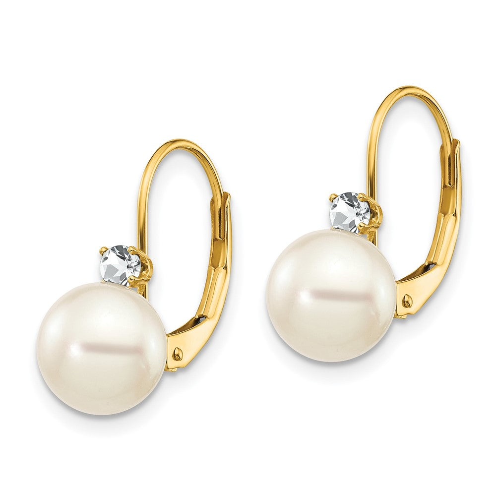 14k 7-8mm White Round FW Cultured Pearl AA Diamond Leverback Earrings