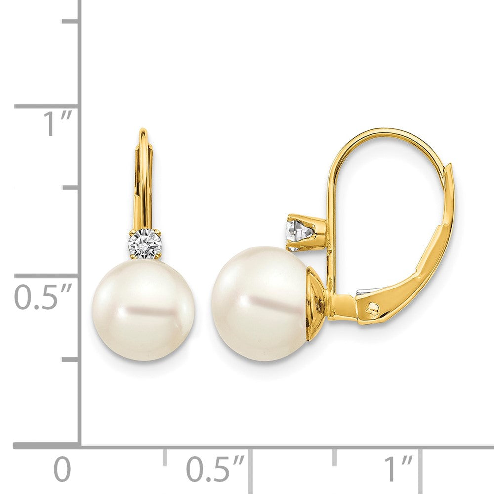 14k 7-8mm White Round FW Cultured Pearl AA Diamond Leverback Earrings
