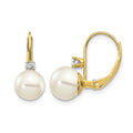 14k 7-8mm White Round FW Cultured Pearl AA Diamond Leverback Earrings