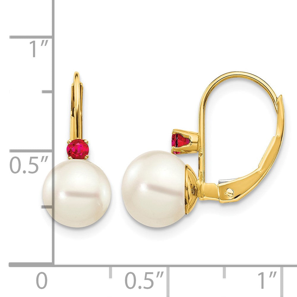 14k 7-7.5mm White Round FW Cultured Pearl Ruby Leverback Earrings