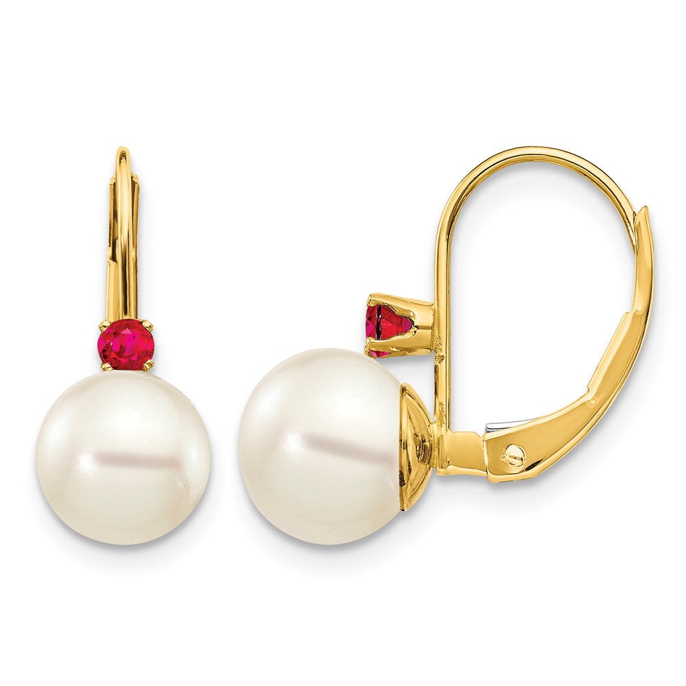 14k 7-7.5mm White Round FW Cultured Pearl Ruby Leverback Earrings