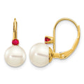 14k 7-7.5mm White Round FW Cultured Pearl Ruby Leverback Earrings