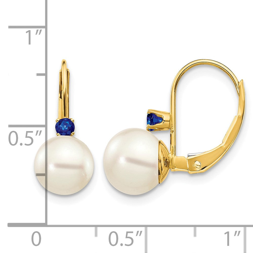 14k 7-7.5mm White Round FW Cultured Pearl Sapphire Leverback Earrings