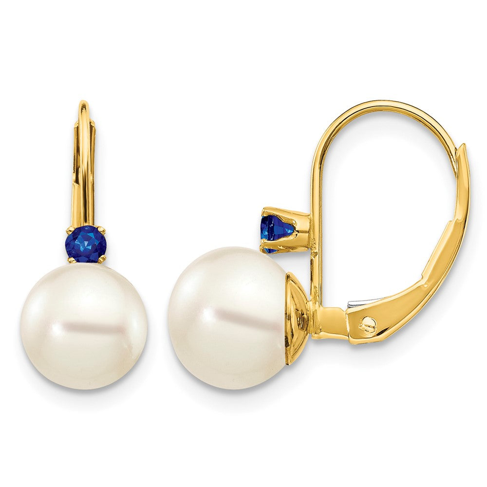 14k 7-7.5mm White Round FW Cultured Pearl Sapphire Leverback Earrings