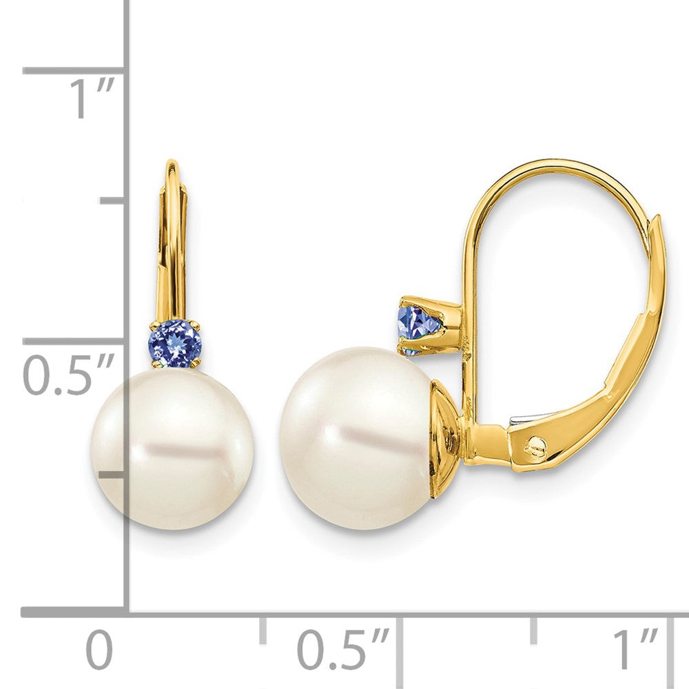 14k 7-7.5mm White Round FW Cultured Pearl Tanzanite Leverback Earrings