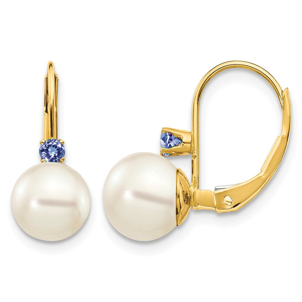 14k 7-7.5mm White Round FW Cultured Pearl Tanzanite Leverback Earrings