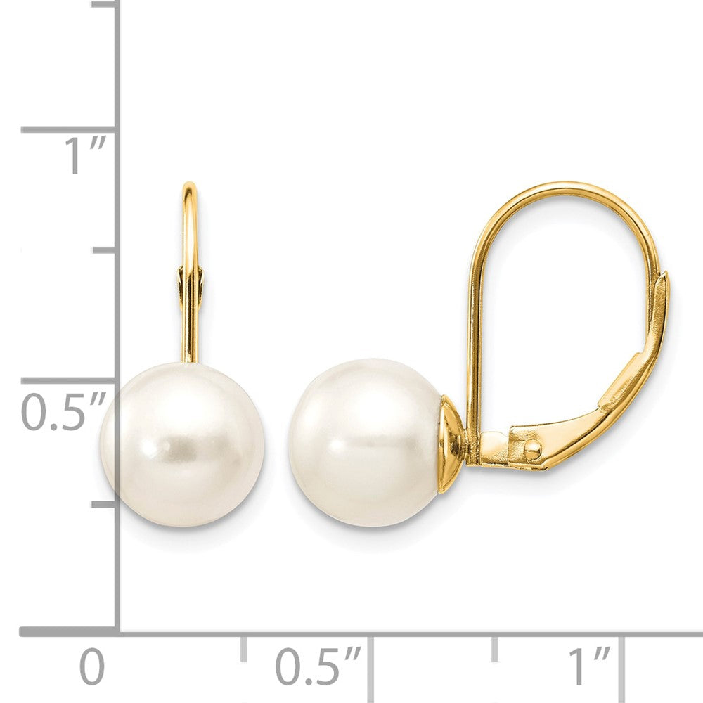 14k 8-9mm White Round Freshwater Cultured Pearl Leverback Earrings