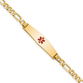 14K Medical Soft Diamond Shape Red Enamel Flat Figaro Link ID Bracelet