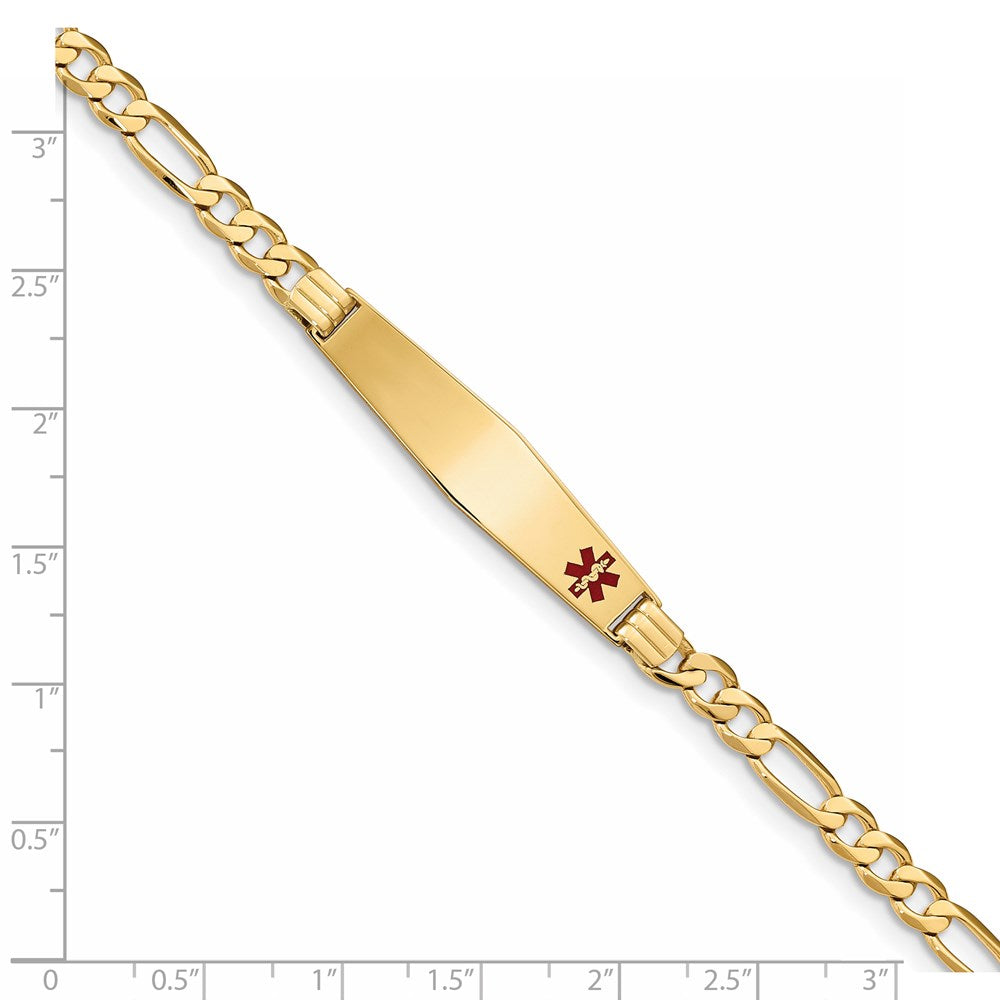 14K Medical Soft Diamond Shape Red Enamel Flat Figaro Link ID Bracelet