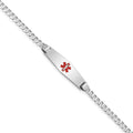 14K WG Medical Soft Diamond Shape Red Enamel Flat Curb Link ID Bracelet