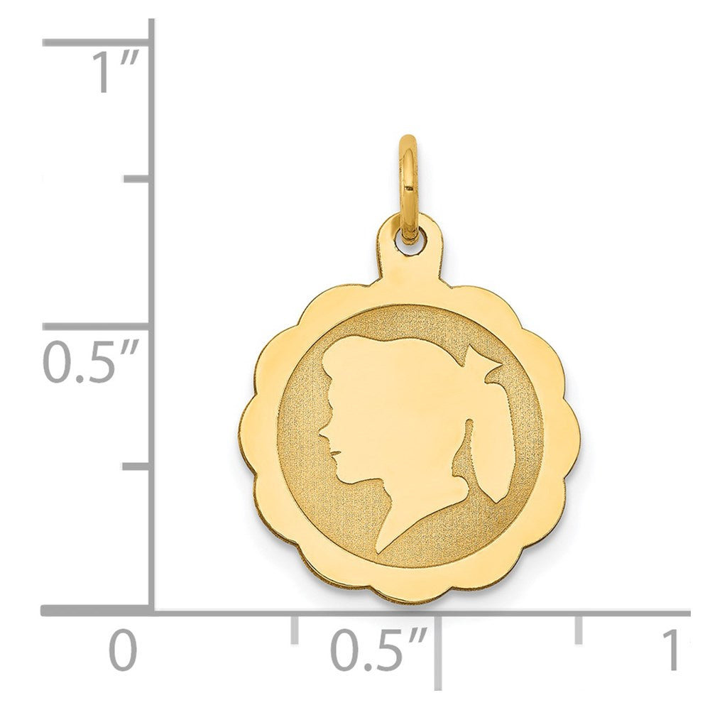 14k Girl Head on .018 Gauge Engravable Scalloped Disc Charm