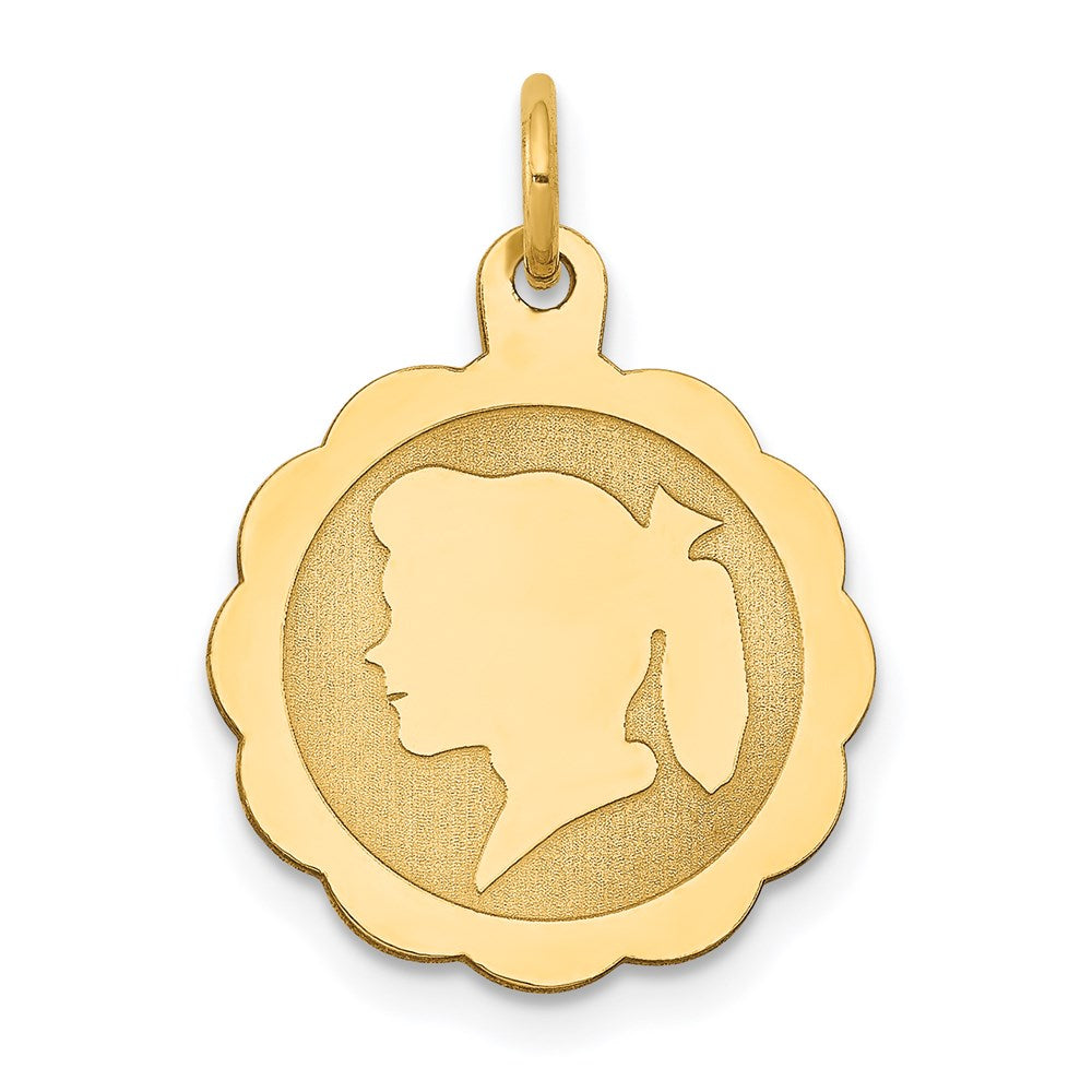 14k Girl Head on .013 Gauge Engravable Scalloped Disc Charm