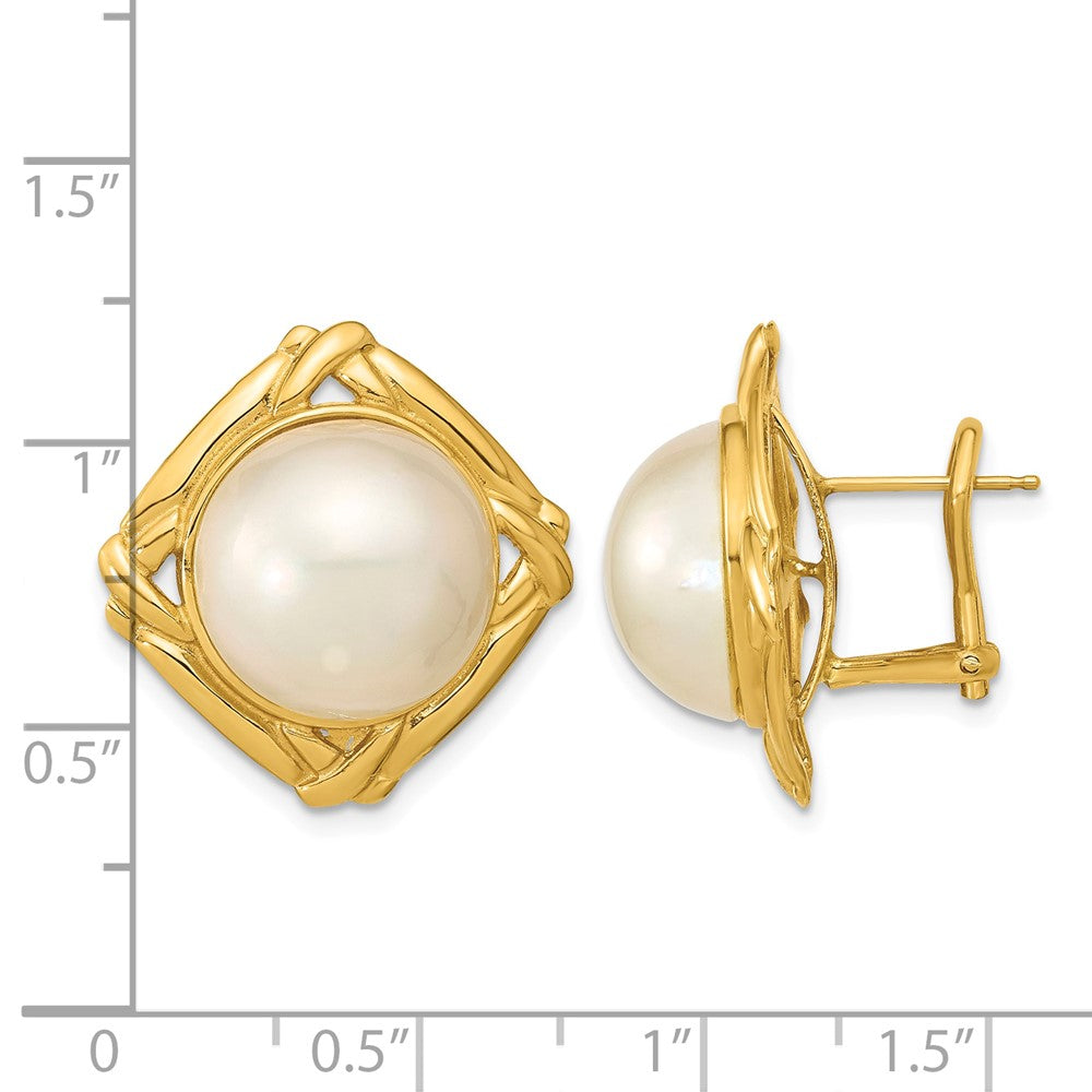 14k 13-14mm White Mabe Saltwater Cultured Pearl Omega Back Earrings