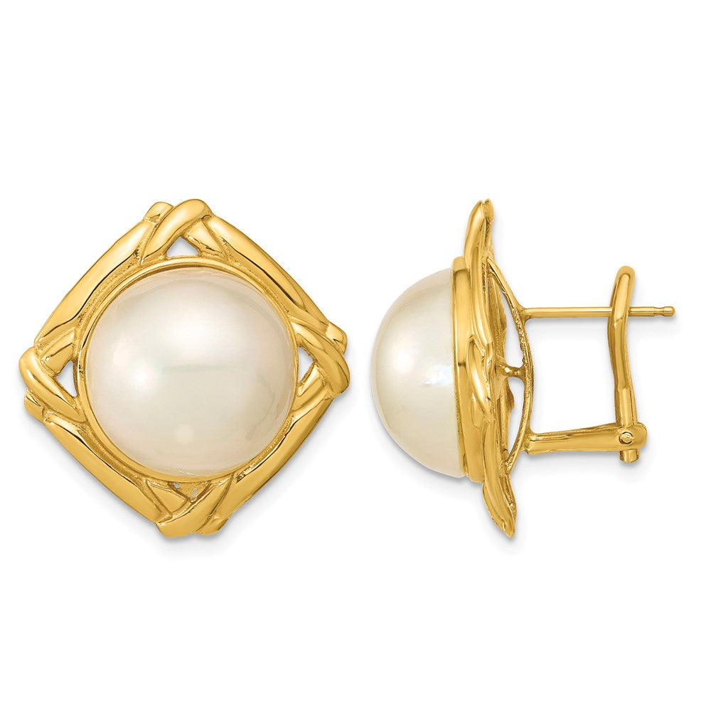14k 13-14mm White Mabe Saltwater Cultured Pearl Omega Back Earrings