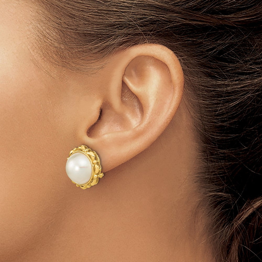 14K 13-14mm White Saltwater Mabe Pearl Omega Back Earrings