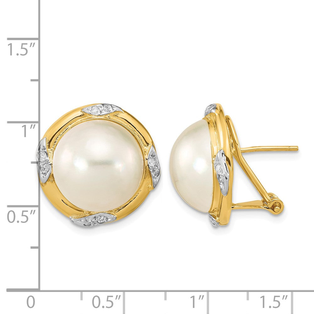 14K 13-14mm White Saltwater Mabe Pearl .16ct Dia. Omega Back Earrings