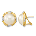 14K 13-14mm White Saltwater Mabe Pearl .16ct Dia. Omega Back Earrings