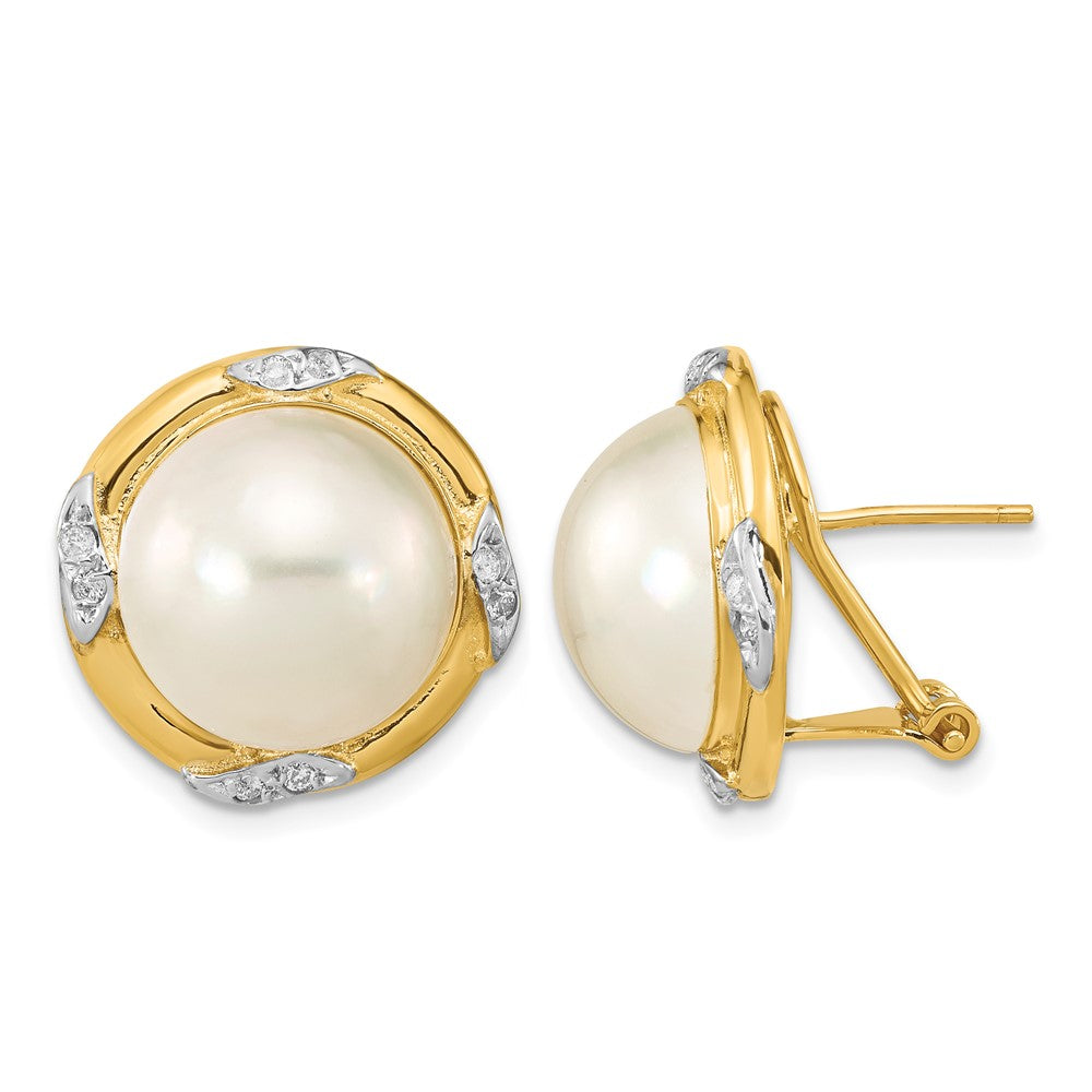 14K 13-14mm White Saltwater Mabe Pearl .16ct Dia. Omega Back Earrings