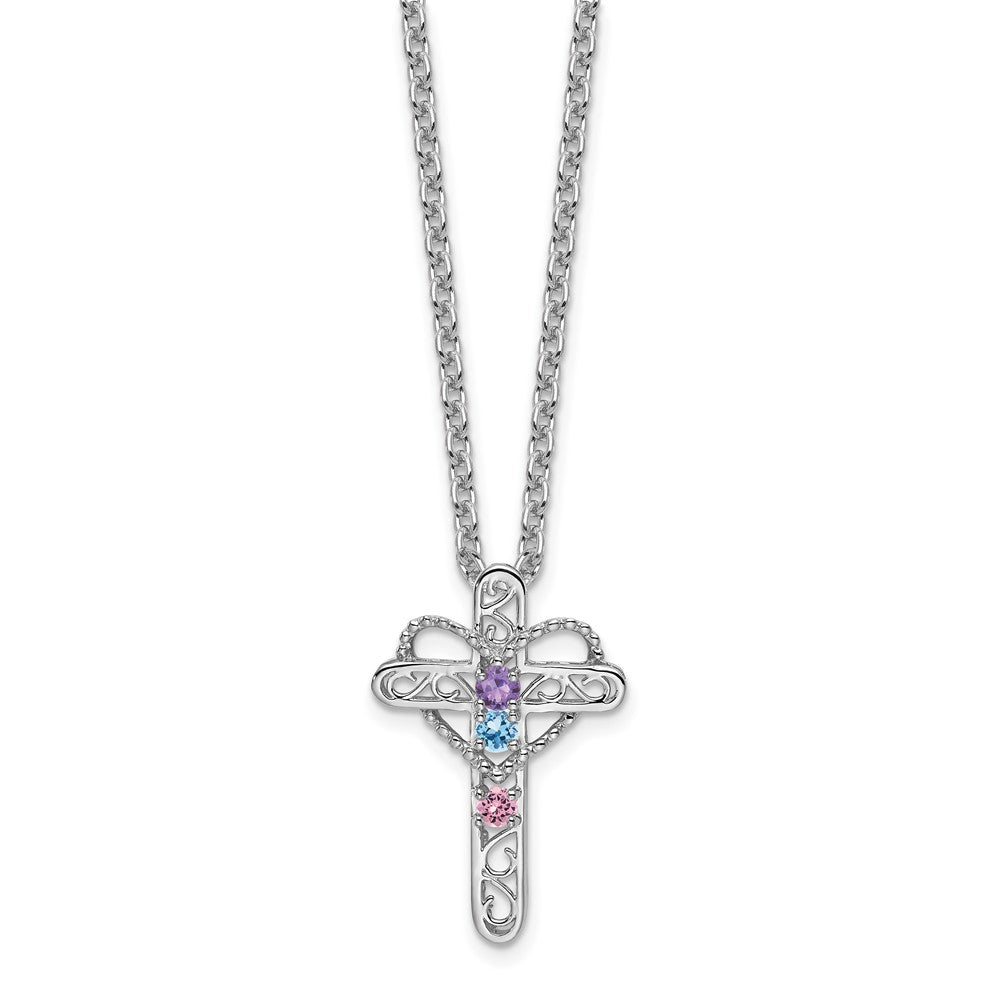 14k White Gold Polish Filigree 3-Stone Mothers Cross Pendant Mounting