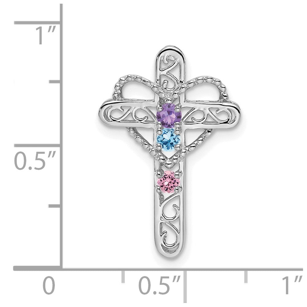 14k White Gold Polish Filigree 3-Stone Mothers Cross Pendant Mounting