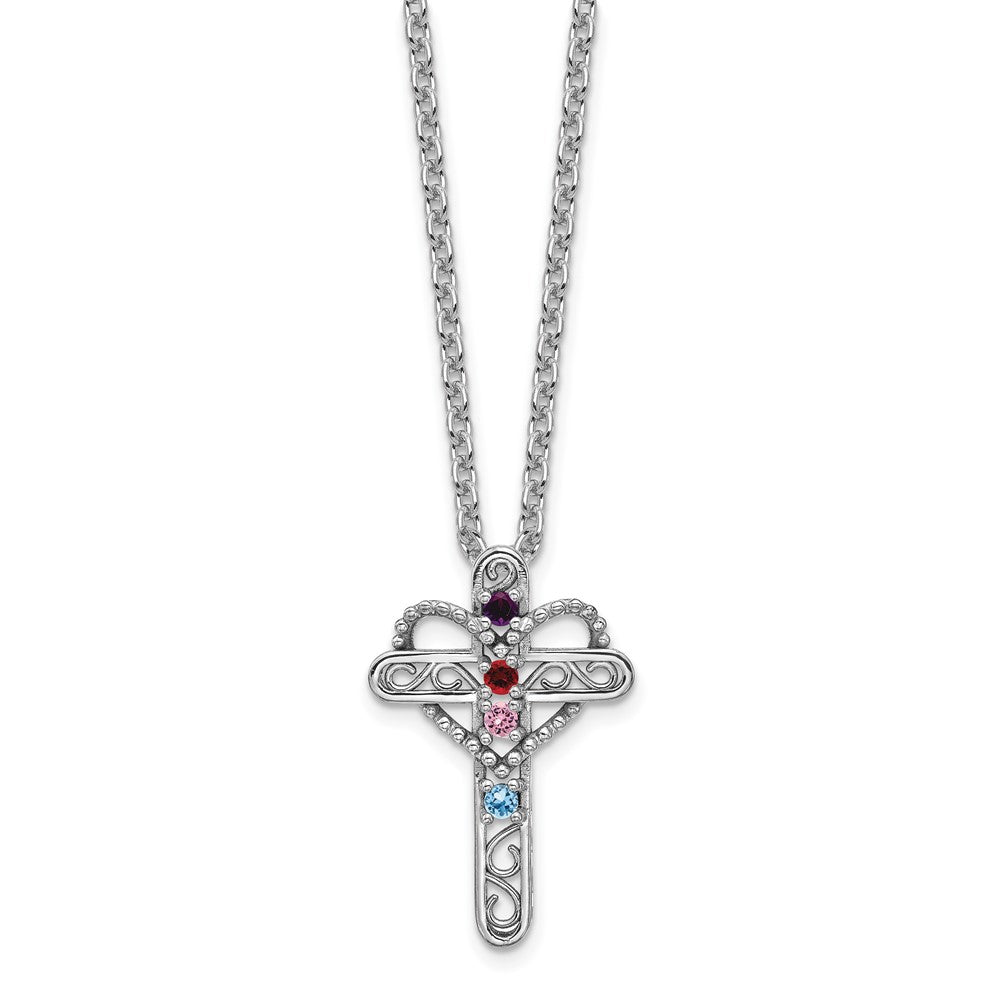 14k White Gold Polish Filigree 4-Stone Mothers Cross Pendant Mounting