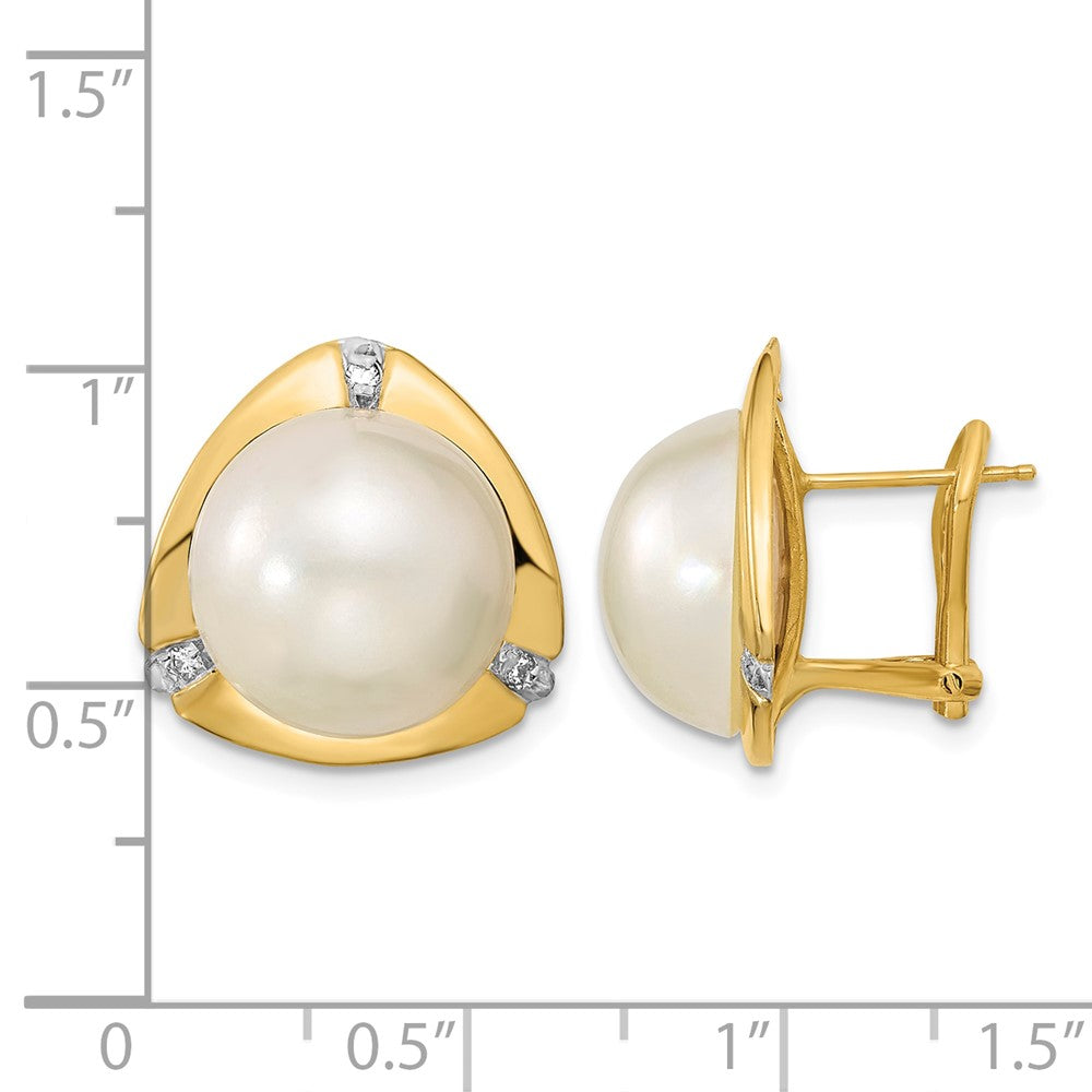 14k 12-13mm White Saltwater Mabe Pearl .06ct Diamond Omega Back Earrings