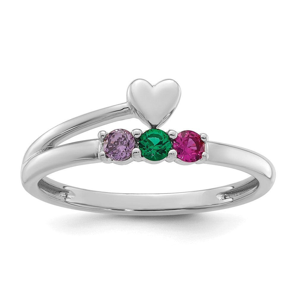 14k White Gold Heart with 3 Genuine Birthstone Mother's Ring