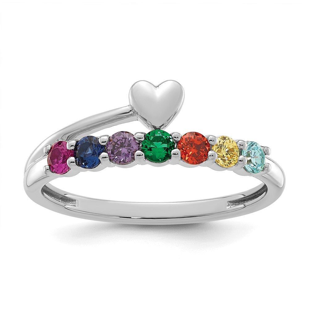 14k White Gold Heart with 7 Synthetic Birthstone Mother's Ring