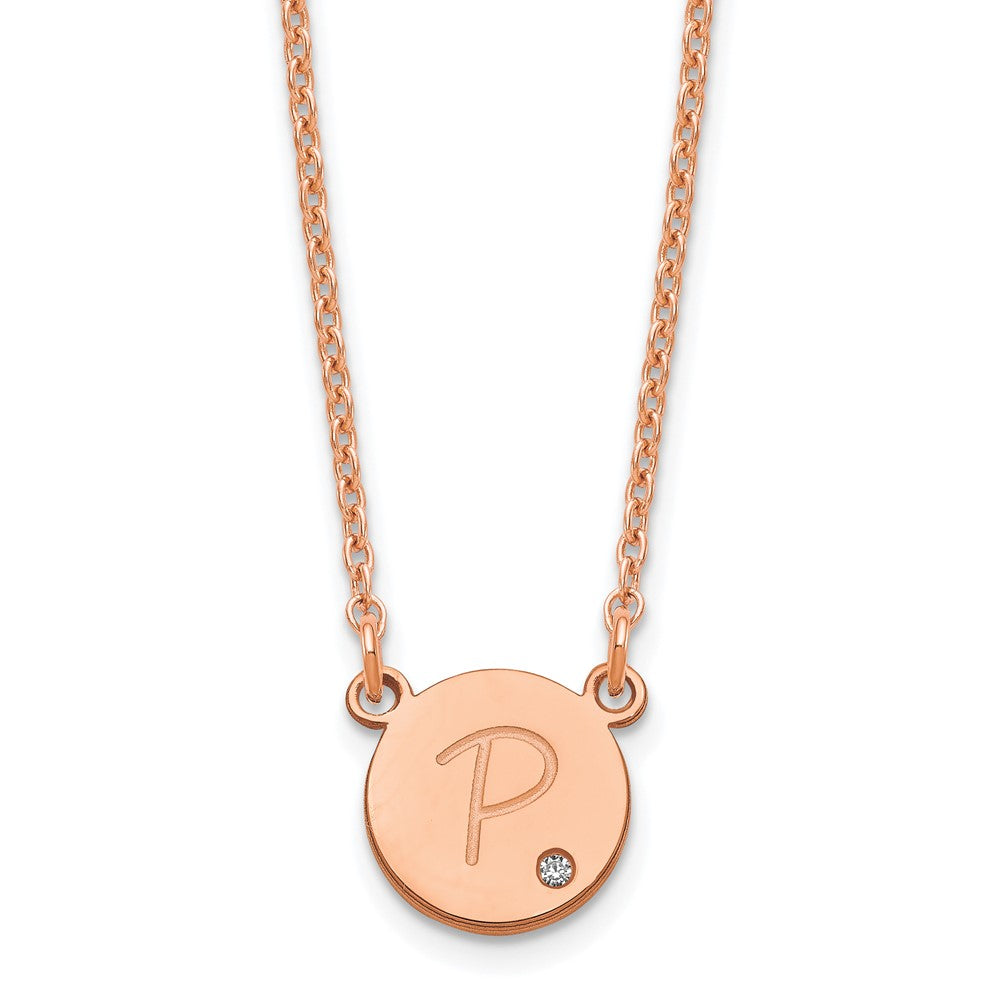 Sterling Silver/Rose-plated Round Initial with Diamond Necklace
