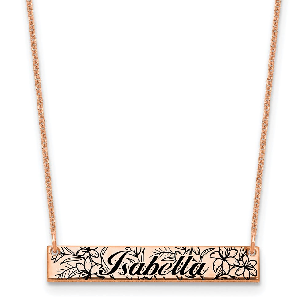 14k Rose Gold Name and Birth Flower Bar Necklace