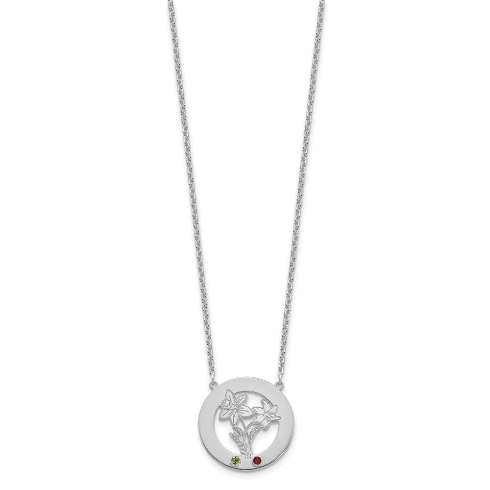 SS/Rhod-plated Circle w/2 Birth Flower and Birthstone Necklace