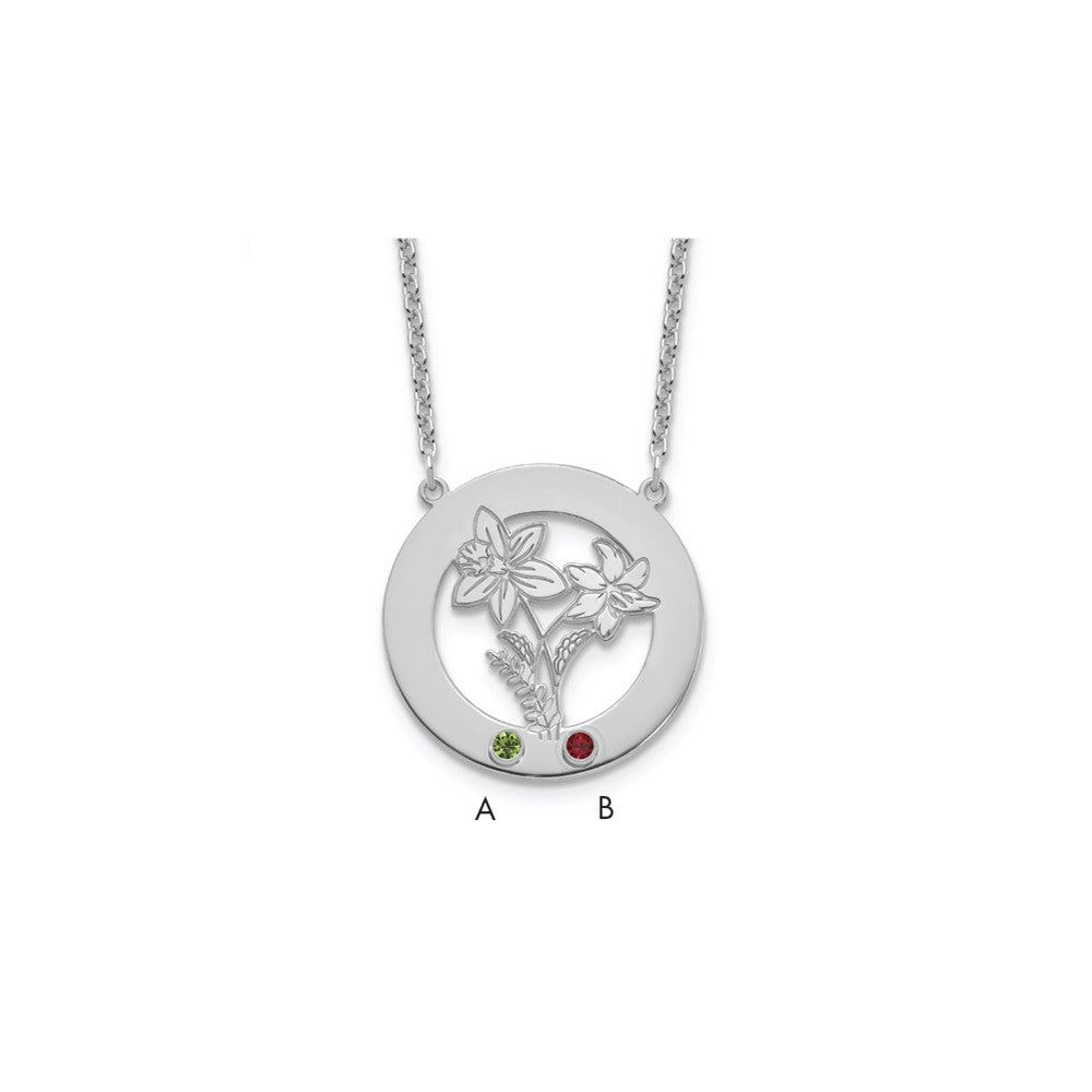 SS/Rhod-plated Circle w/2 Birth Flower and Birthstone Necklace