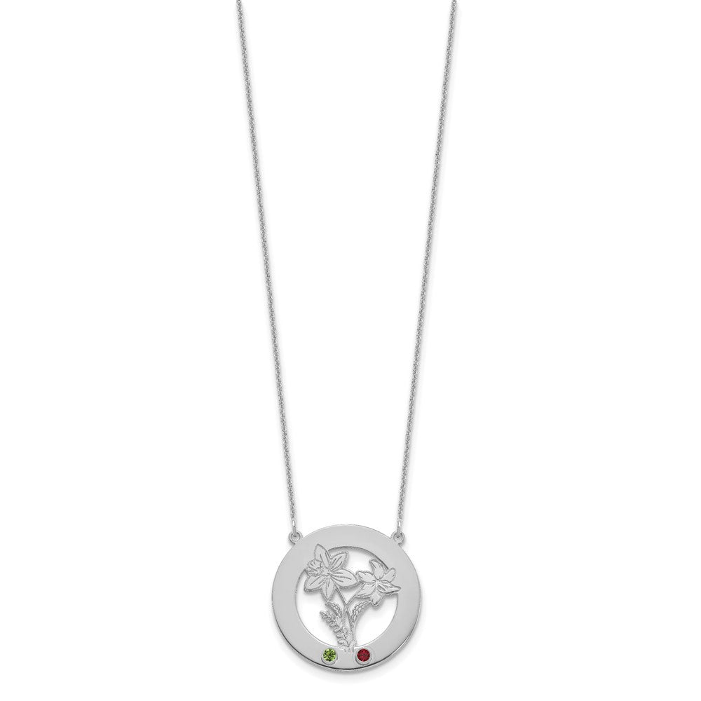 14k White Gold Circle w/2 Birth Flower and Birthstone Necklace