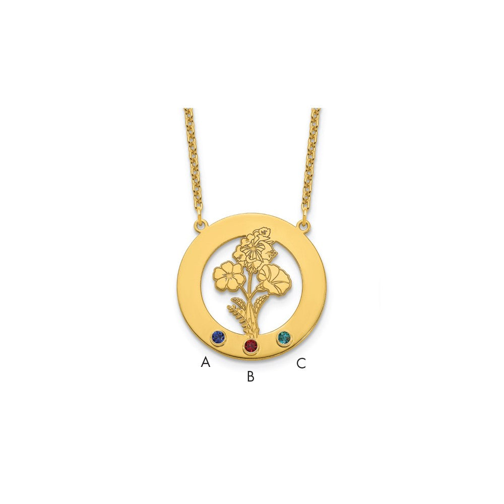 SS/Gold-Plated Circle w/3 Birth Flower and Birthstone Necklace