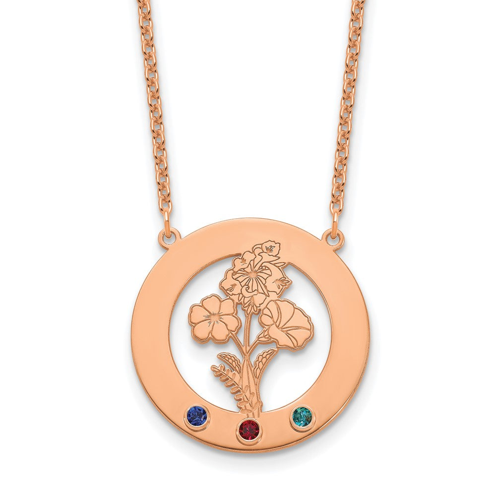 SS/Rose-plated Circle w/3 Birth Flower and Birthstone Necklace