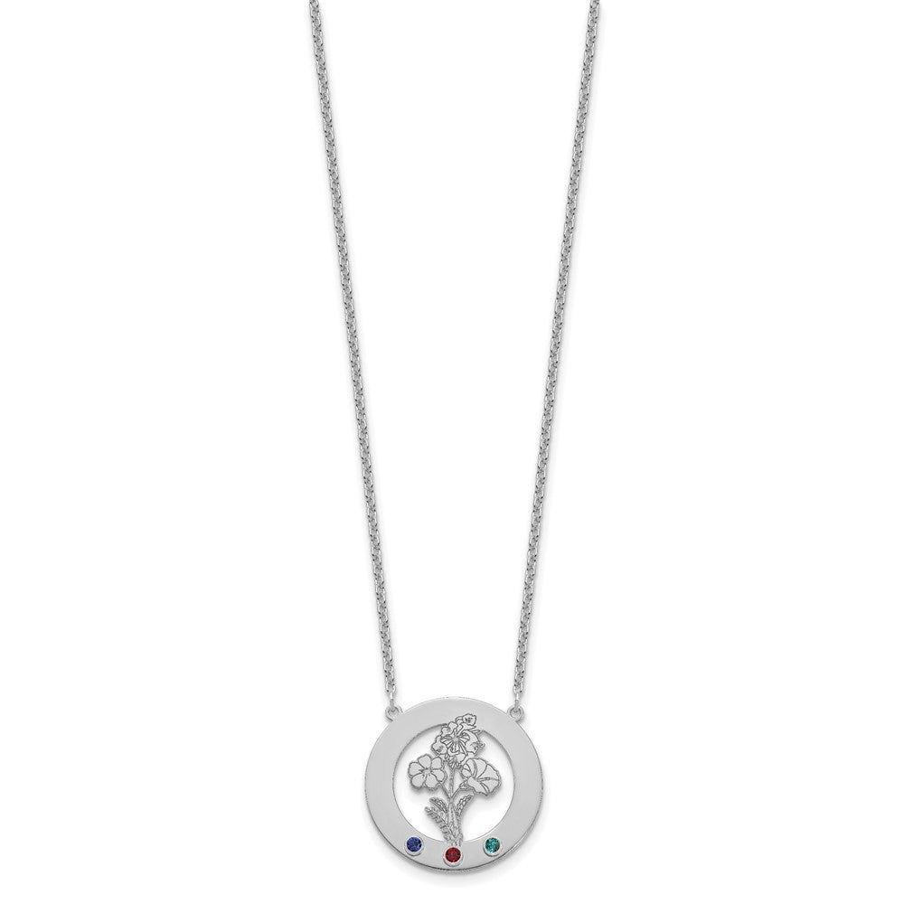 SS/Rhod-plated Circle w/3 Birth Flower and Birthstone Necklace