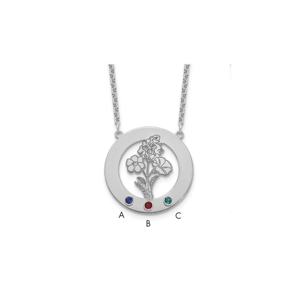 SS/Rhod-plated Circle w/3 Birth Flower and Birthstone Necklace