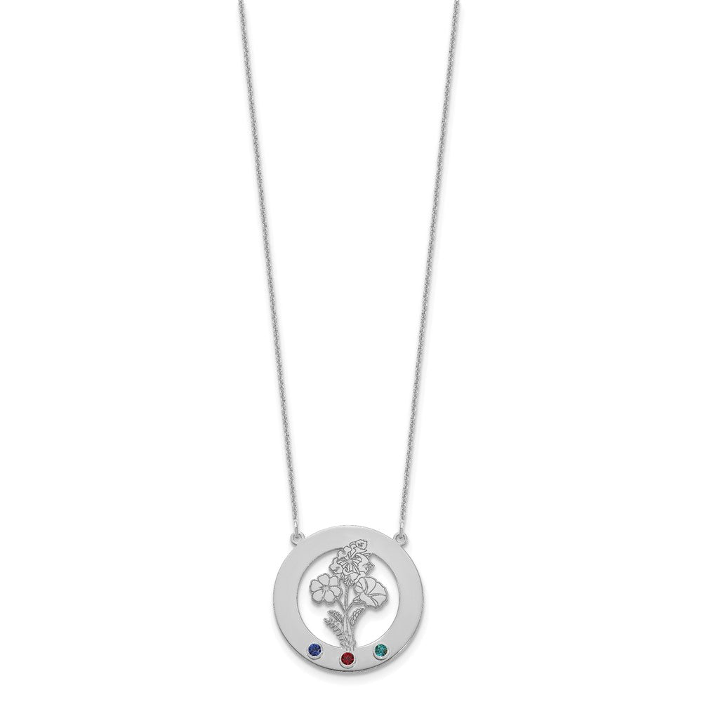 14k White Gold Circle w/3 Birth Flower and Birthstone Necklace