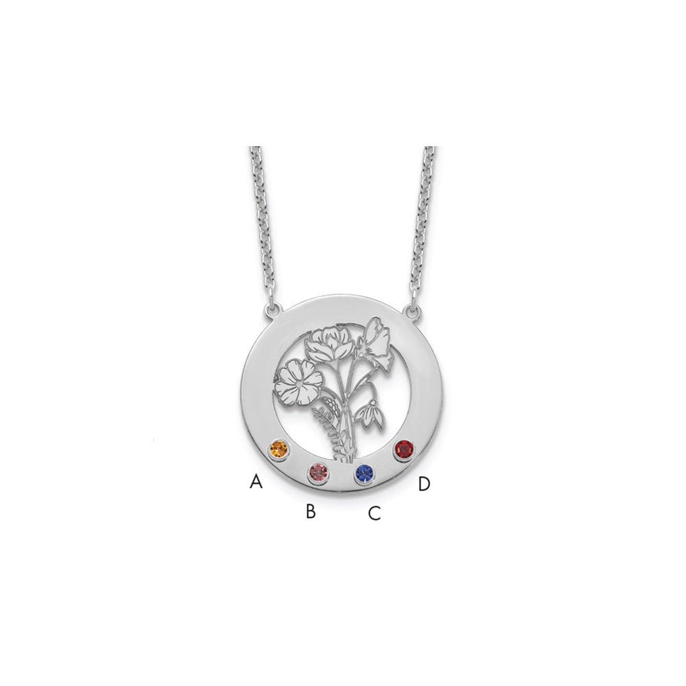 SS/Rhod-plated Circle w/4 Birth Flower and Birthstone Necklace