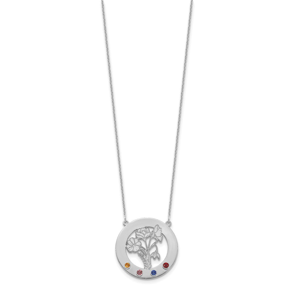 14k White Gold Circle w/4 Birth Flower and Birthstone Necklace