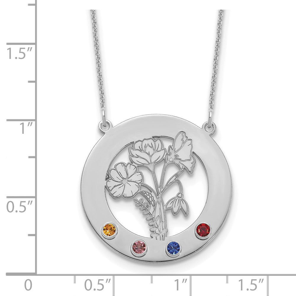 14k White Gold Circle w/4 Birth Flower and Birthstone Necklace